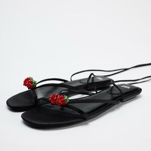 ZARA Black and Red Cherry Embellished Tie Up Sandals (EU 39)